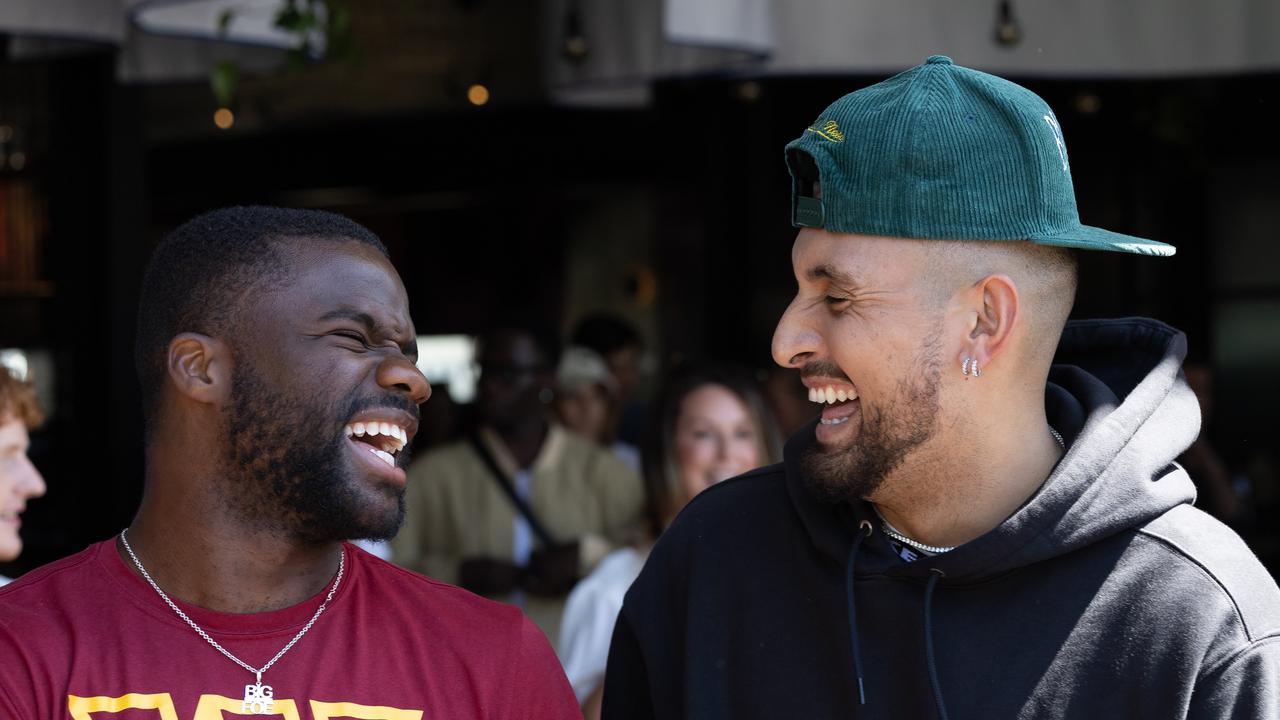 Nick Kyrgios and Frances Tiafoe share a laugh before the tournament. Picture: Jason Edwards