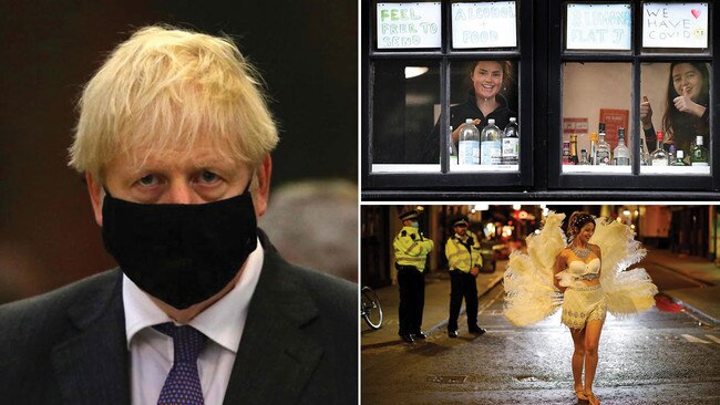 UK Prime Minister Boris Johnson, left, dons a mask as Scottish university students confined to their quarters appeal for supplies, top right, and police in London watch a drinker head home as restrictions to close pubs at 10pm kick in. Pictures: AFP