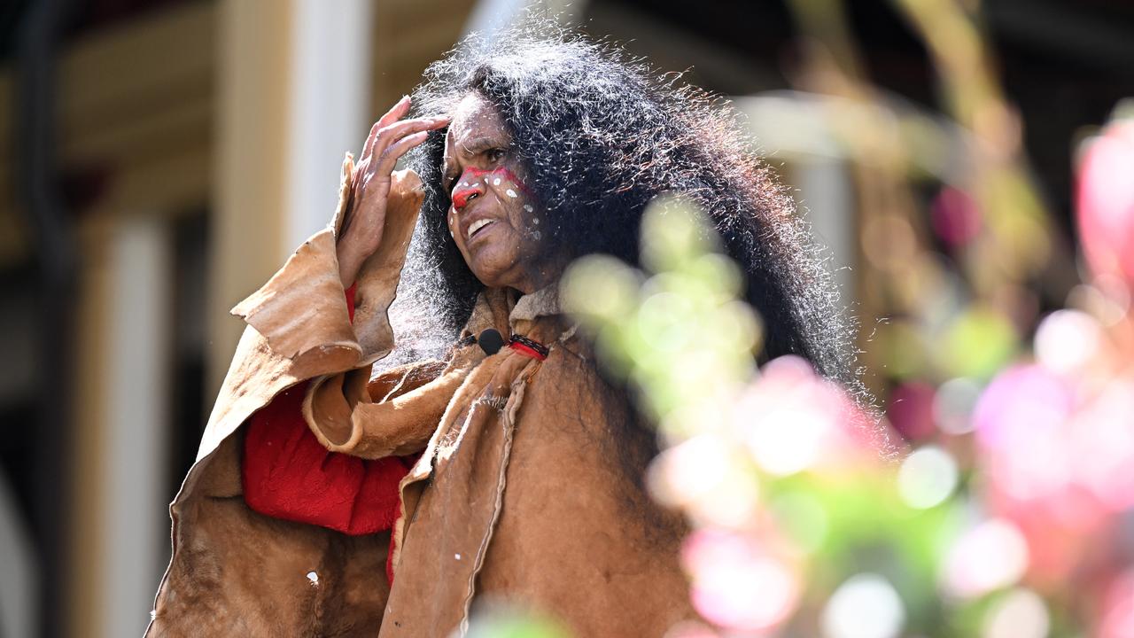 Traditional owner Maroochy Barambah performs a song during the signing the Statement of Commitment to the Path to Treaty. Picture: NCA NewsWire / Dan Peled