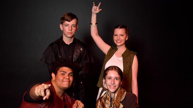 We Will Rock You is on at the Townsville Civic Theatre this weekend. Cast members Joseph Ori and Elizabeth Davis (front) with Riley Johnston and Bridget Baxter (back). Picture: Evan Morgan