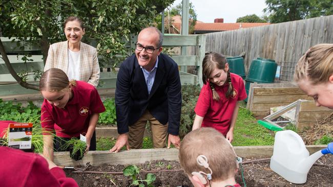 Education Minister James Merlino and Energy, Environment and Climate Change Minister Lily D’Ambrosio at Rosanna Golf Links Primary School, Rosanna. Picture: Paul Jeffers