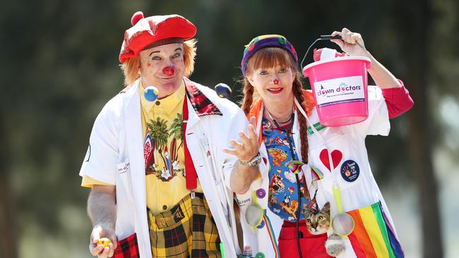 Clown Doctors Dr Nose Best and Dr Nose Nothing at Koolewong roadside appeal. Picture: Sue Graham