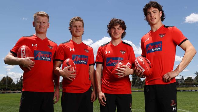 Essendon draftees (from left) Garrett McDonagh, Ben Hobbs, Alastair Lord and Patrick Voss. Picture: Michael Klein