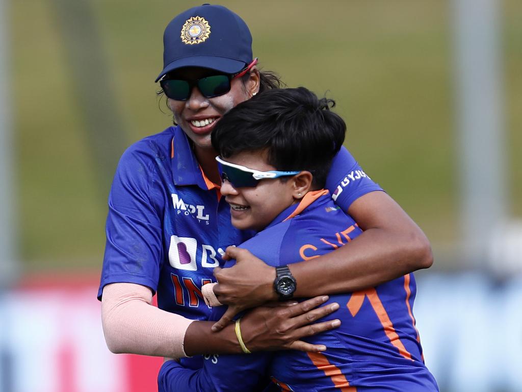 Indian stars Jhulan Goswami and Shafali Verma celebrate a wicket. Goswami will be key player for the Indians. Picture: Getty Images