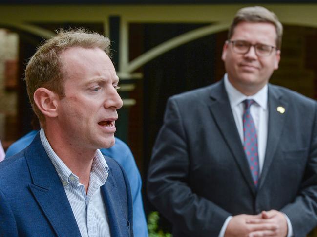 ADELAIDE, AUSTRALIA - NewsWire Photos APRIL 21, 2022: Opposition leader David Speirs, left, with his deputy leader John Gardner at Parliament House. Picture: NCA NewsWire / Brenton Edwards