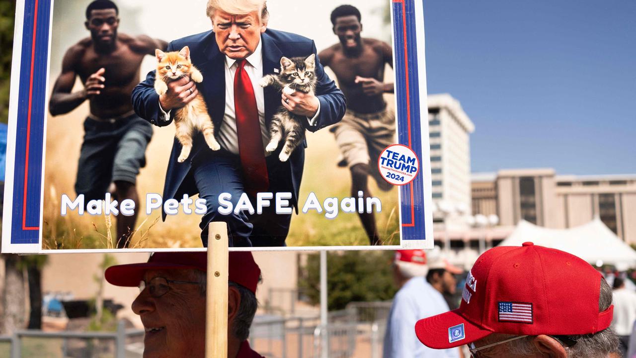 A man carries an AI-generated image of former US President and Republican presidential candidate Donald Trump carrying cats away from Haitian immigrants, a reference to falsehoods spread about Springfield, Ohio, during a campaign rally for Trump at the Tucson Music Hall in Tucson, Arizona, September 12, 2024. (Photo by Rebecca NOBLE / AFP)