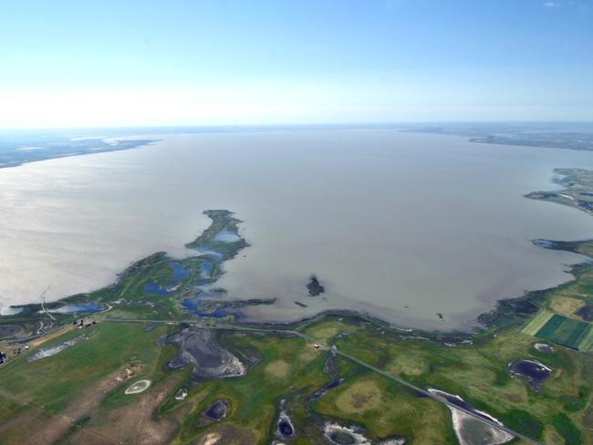 Flight over the lower lakes at Goolwa looking at water supplies following rains and flooding. Lake Alexandrina full with water.