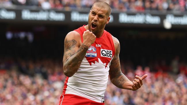 Lance Franklin celebrates a goal in the AFL Grand Final.