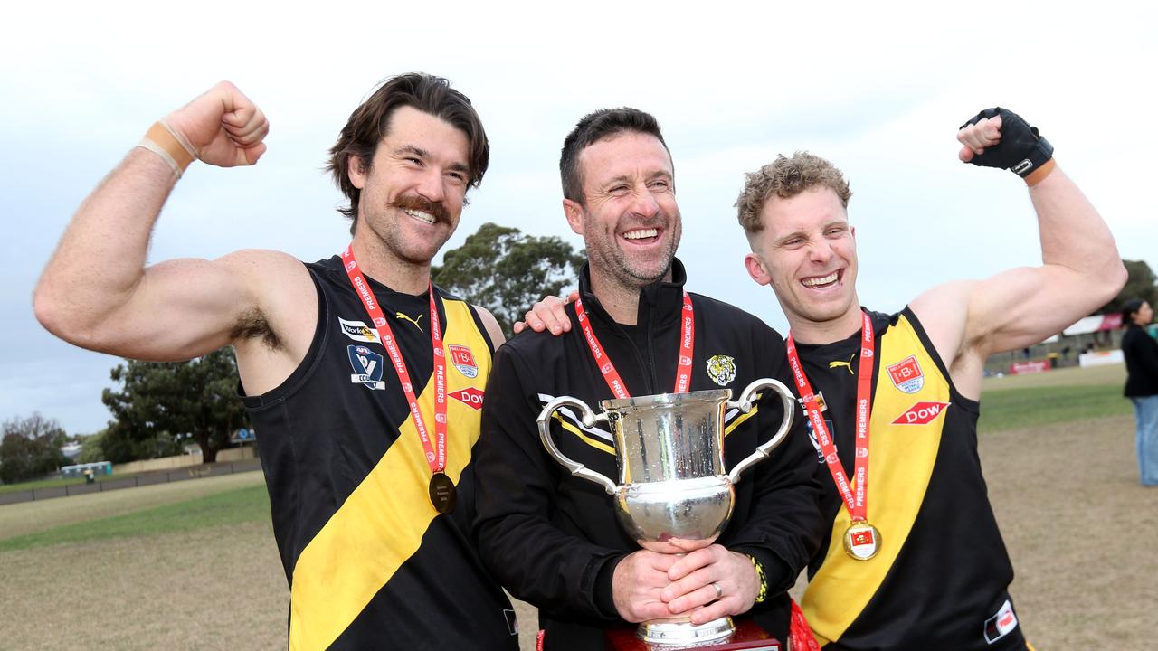 Torquay captains Ben McNamara and James Darke with coach Dom Gleeson. Picture: Mark Wilson