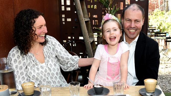 Deputy leader of the Liberal Party Josh Frydenberg has morning coffee with wife Amie Frydenberg and daughter Gemma in Hawthorn. Picture: Nicole Garmston