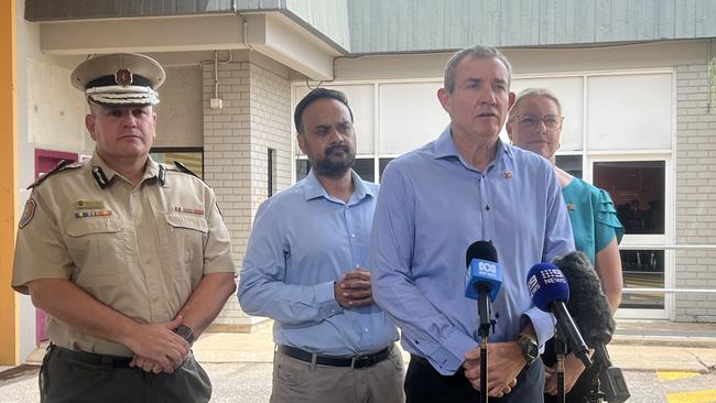 Corrections Commissioner Matthew Varley, Corrections Minister Gerard Maley, Attorney General Marie Clare Boothby and Fong Lim MLA Tanzil Rahman at Berrimah Corrections Centre.