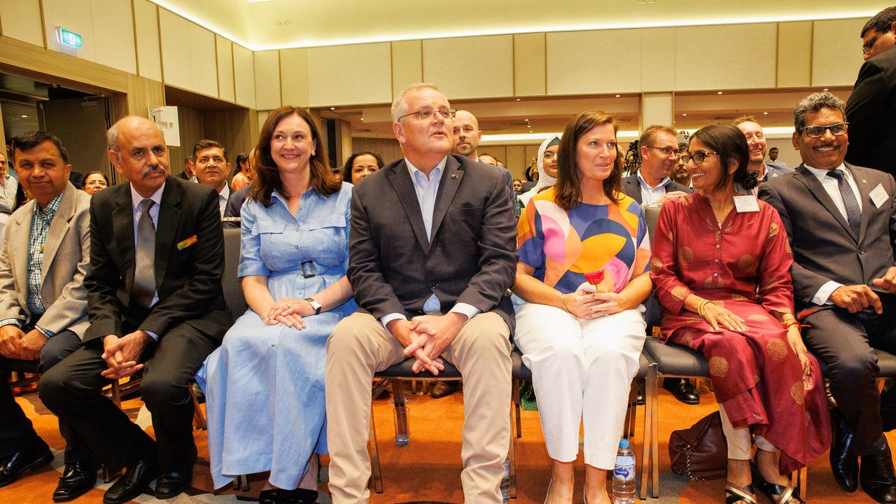 Mr Morrison with Maria Kovacic, the Liberal Candidate for Parramatta, Mr Prakash Meta, National President, Hindu Council of Australia Mr Surinder Jain, Vice President, Hindu Council of Australia Mr Sai Paravastu, National Secretary, Hindu Council of Australia Mr Bhagwat Chauhan, NSW Chapter President, Hindu Council of Australia Picture: Jason Edwards