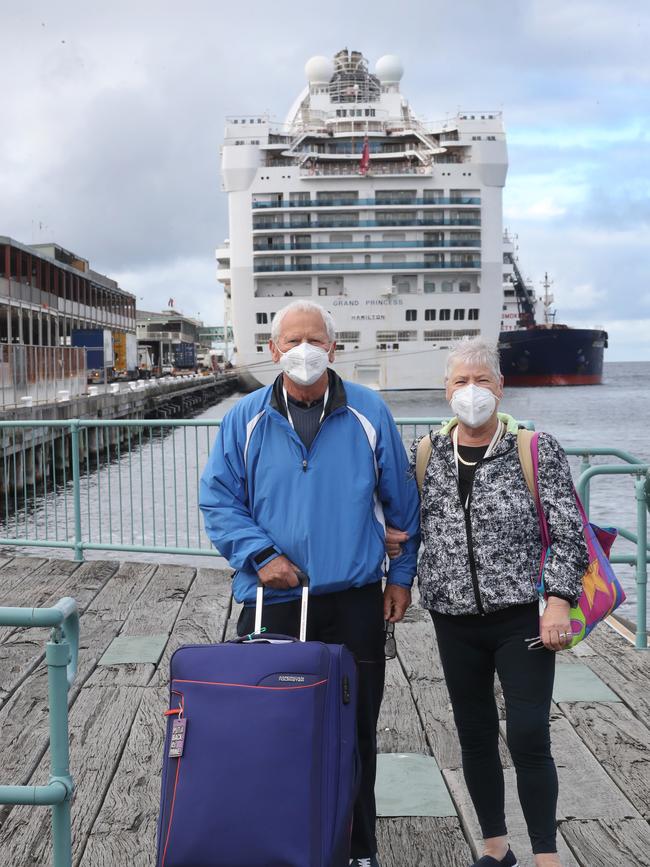 Niele and Barb Clough said several friends in their travelling party had been forced to remain on board after they tested positive to Covid. Picture: David Crosling