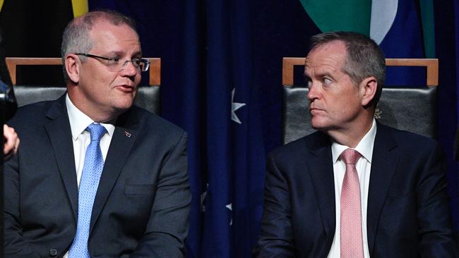 Prime Minister Scott Morrison and Leader of the Opposition Bill Shorten at the National Apology to survivors of child sexual abuse at Parliament House yesterday.