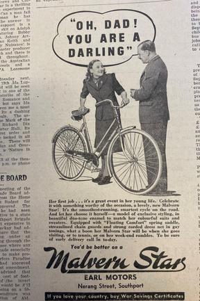 A vintage Malvern Star bicycle ad, 1945. Gold Coast Bulletin advertising, 1945