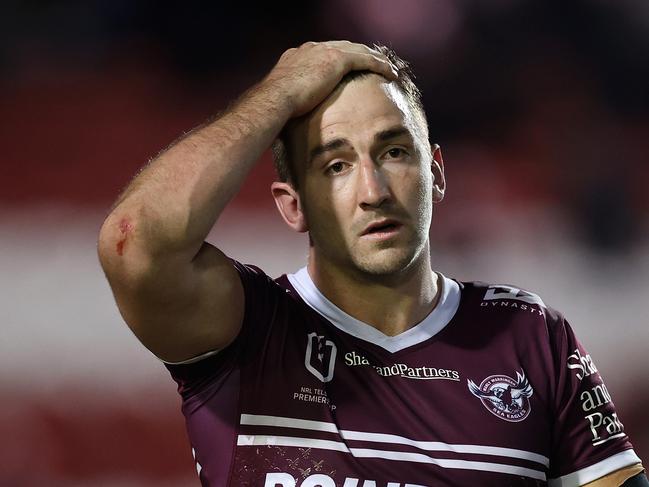 SYDNEY, AUSTRALIA - JUNE 17: Lachlan Croker of the Sea Eagles looks dejected after losing the round 15 NRL match between the Manly Sea Eagles and the North Queensland Cowboys at 4 Pines Park, on June 17, 2022, in Sydney, Australia. (Photo by Cameron Spencer/Getty Images)