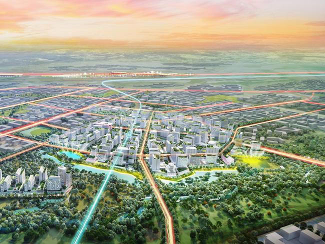 An artist’s impressions of the sprawling hi-tech yet leafy city of Bradfield, built on the land surrounding the new Western Sydney Airport and linked by high-speed rail.