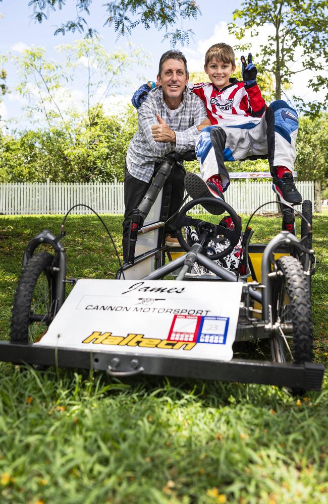 Racer James Cannon with dad Neil Cannon at the Greenmount Billy Kart Challenge, Saturday, November 23, 2024. Picture: Kevin Farmer