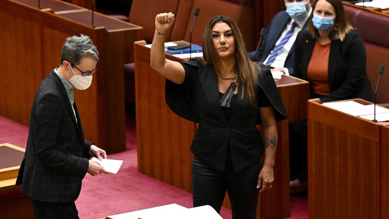 Lidia Thorpe has been forced to take a second oath of allegiance in the Senate chamber at Parliament House. Picture: Lukas Coch/AAP