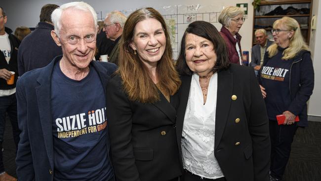 Groom Independent Suzie Holt with her parents Neil and Jan Sanders at campaign headquarters on federal election night, Saturday, May 3, 2025. Picture: Kevin Farmer