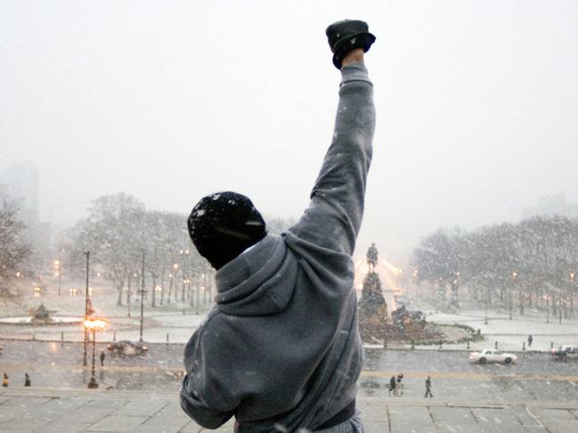 Rocky Balboa, played by Sylvester Stallone, conquers the stairs to the entrance of the Philadelphia Museum of Art, in Philadelphia, Pennsylvania