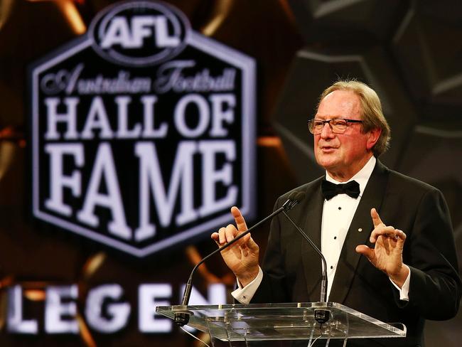 MELBOURNE, AUSTRALIA - MAY 29:  Legend inductee Essendon Bombers coach and Richmond Tigers footballer Kevin Sheedy speaks on stageduring the Australian Football Hall of Fame at Crown Palladium on May 29, 2018 in Melbourne, Australia.  (Photo by Michael Dodge/Getty Images)