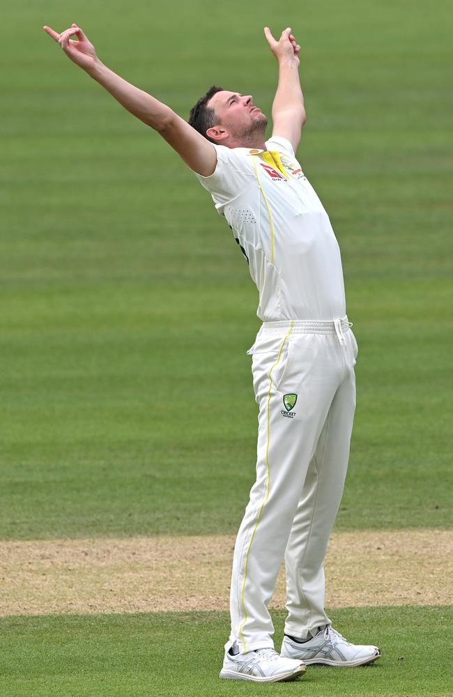 Josh Hazlewood celebrates after taking the wicket of England player Ben Stokes. (Photo by Stu Forster/Getty Images)