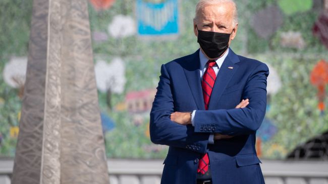 Joe Biden pictured while visiting a school in Washington state today. Picture: Saul Loeb/AFP 