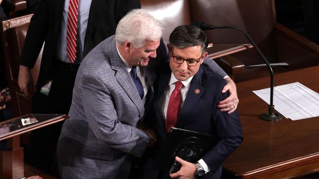 U.S. House Majority Whip Tom Emmer hugs Rep. Mike Johnson (R-LA) after Johnson was elected as the new Speaker of the House at the U.S. Capitol on October 25, 2023. Picture: Alex Wong/Getty. Images