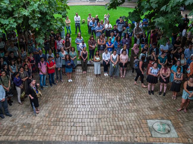 Latrobe Uni students attend a lunchtime vigil for Aiia Maasarwe. Picture: Jason Edwards