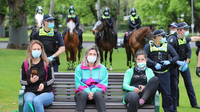 Protestors gather in Treasury Gardens. Picture: Alex Coppel