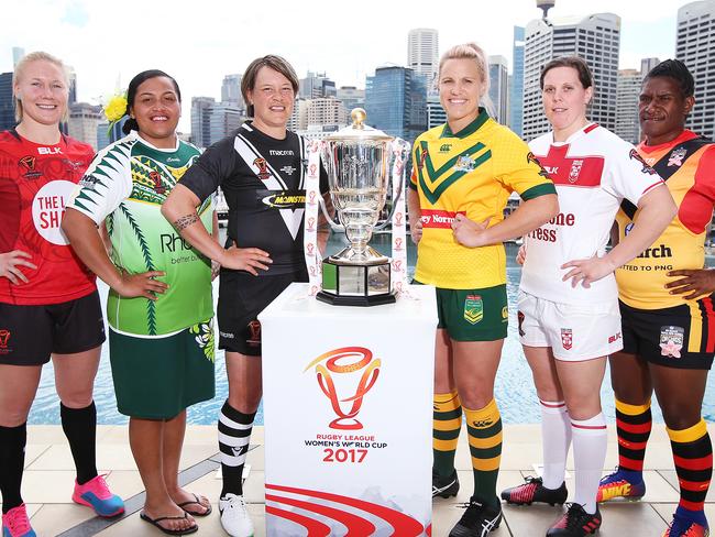 Women's Rugby League World Cup launch at Darling Harbour. L to R. Mandy Marchak (Canada), Te Kura Ngata-Aerengamate (Cook Islands), Laura Mairu (NZ), Renae Kunst (Australia), Andrea Dobson (England) and Cathy Neap (PNG). Pic, Sam Ruttyn