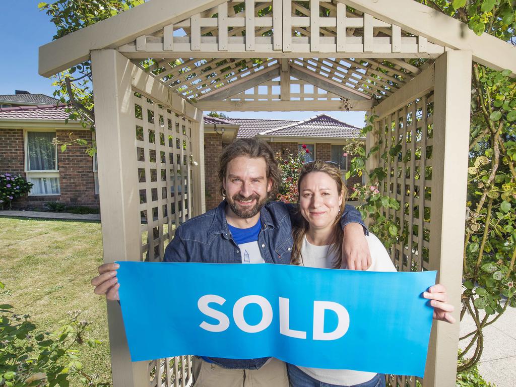 Miles Shackley and Hayley Jones outside 5 Pin Oak Court, better known as Karl and Susan Kennedy’s home on Ramsay Street. Picture: Rob Leeson