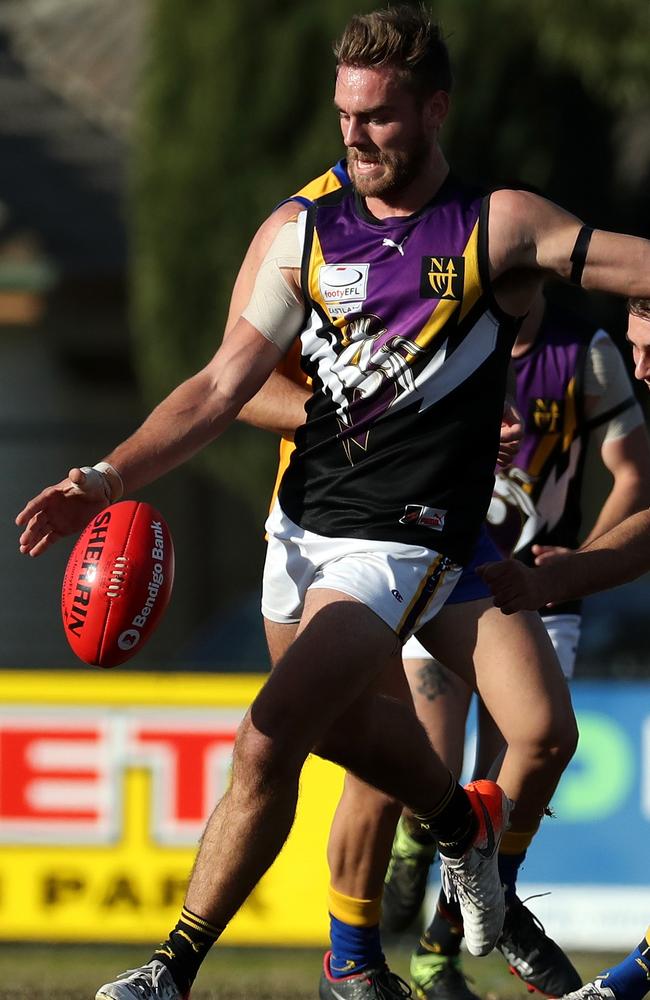 Mitch O’Donnell boots Norwood forward.