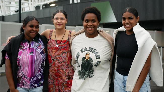 Maria Namok, Ellie Thomson, Nancia Savage and Dakota Namok head into Queensland Country Bank Stadium for the NRL All Stars on Friday night. Picture: Blair Jackson