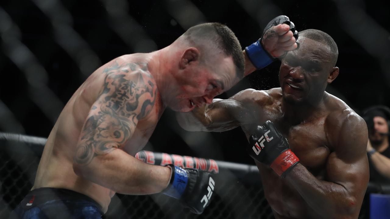 Colby Covington gets hit with a punch from Kamaru Usman. Picture: Steve Marcus