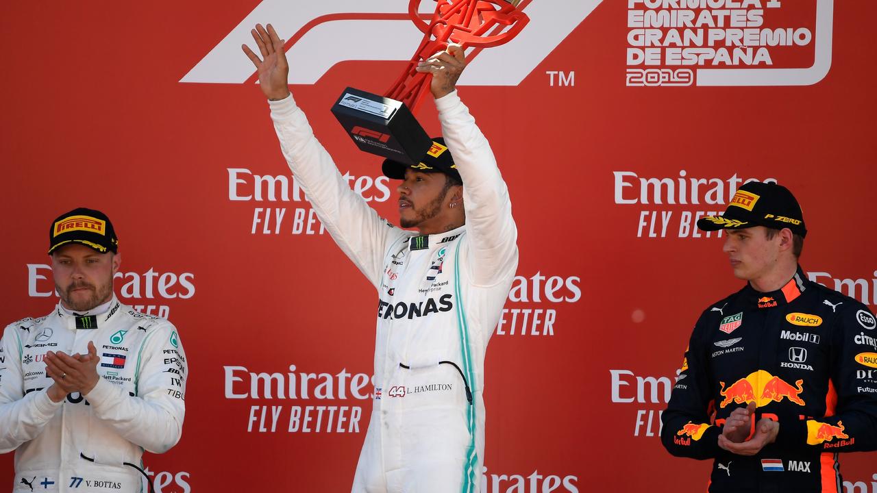 Hamilton, Bottas and Verstappen on the Barcelona podium in May. Picture: Lluis Gene