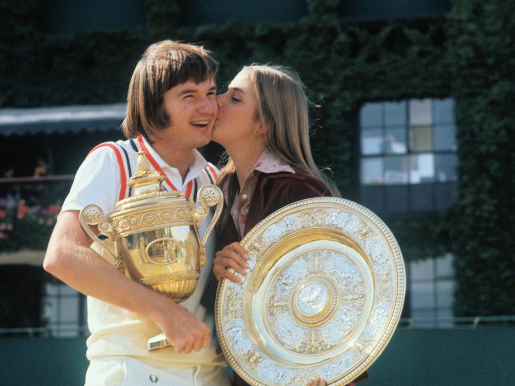 One of tennis’s most famous pairings Chris Evert and Jimmy Connors rekindled their connection on the court, several years after the couple took out the men’s and women’s Wimbledon titles in 1974. Picture: Getty Images
