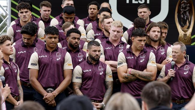 Broncos on stage at the NRL Fan day at Circular Quay in Sydney ahead of Sunday's NRL Grand Final against Penrith. Pics Adam Head