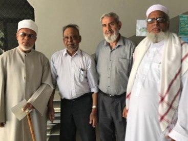 Sheik Taj El-Din Hilaly being declared Grand Mufti by former two term AFIC president Abbas Ahmad, AFIC vice president Jamal El-Kholed, and Queensland’s long serving Imam Abdul Taub Raza. Picture: Supplied