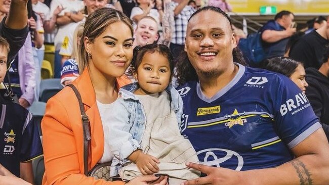 Cowboys second-rower Luciano Leilua with his partner Fedora and daughter Ida-Lynn. Picture: Alix Sweeney