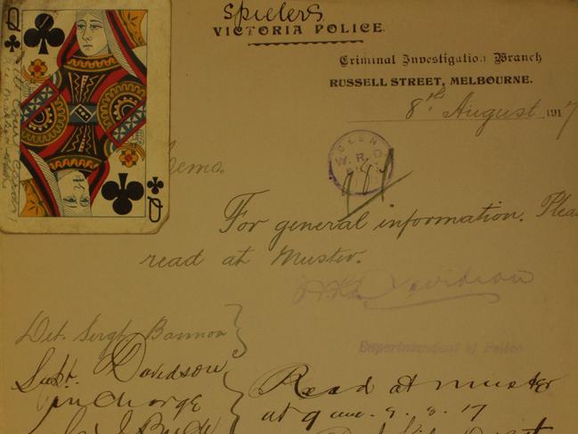 A spieler’s rigged card attached to a 1917 police report. The card was sent to Victoria Police with a letter of complaint. It had pinpricks that could be felt by the card dealer’s fingers. Picture: Michael Shelford; Public Record Office Victoria.