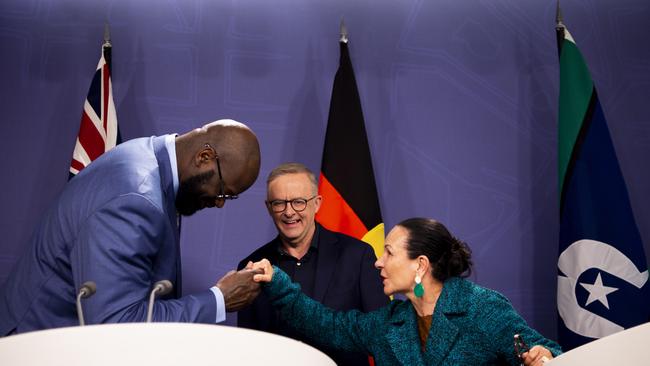 The Prime Minister, Anthony Albanese, photographed in Sydney holding a press conference with Minister for Indigenous Australians Linda Burney and NBA legend Shaquille O'Neal. Picture: NCA NewsWire / Monique Harmer