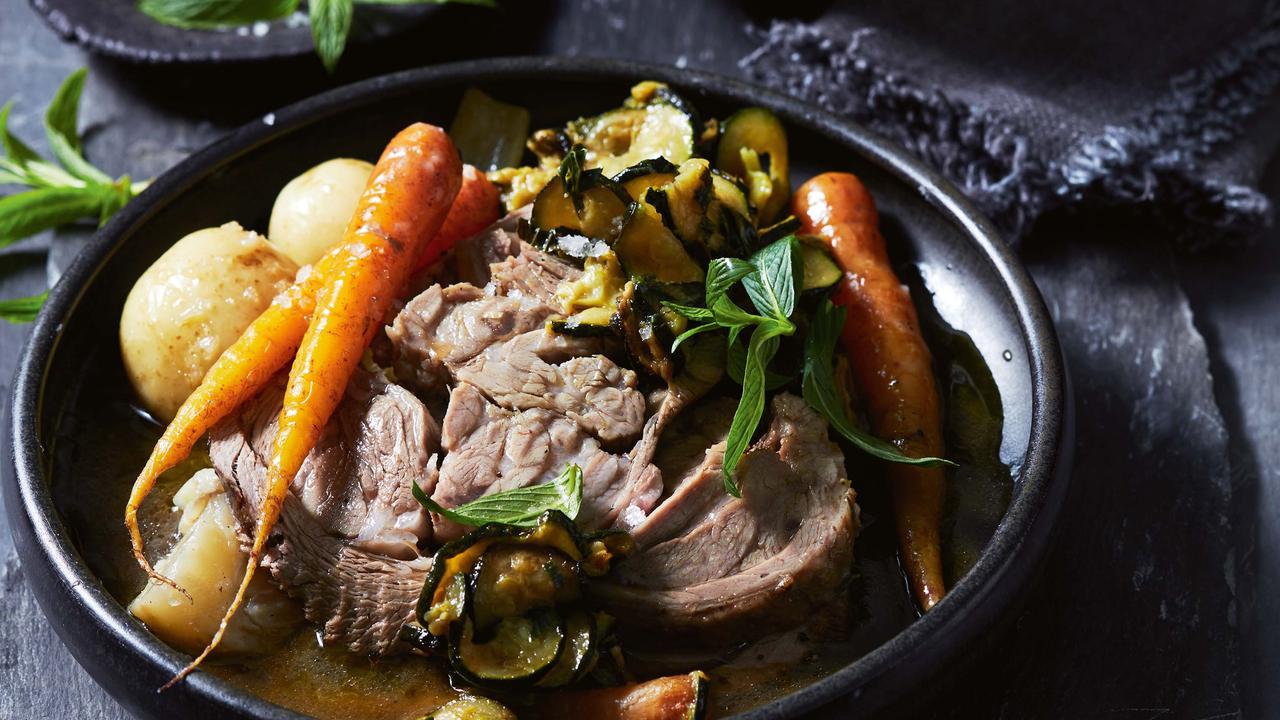 Pot roast shoulder of lamb with fennel; Slow-cooked zucchini and mint ...