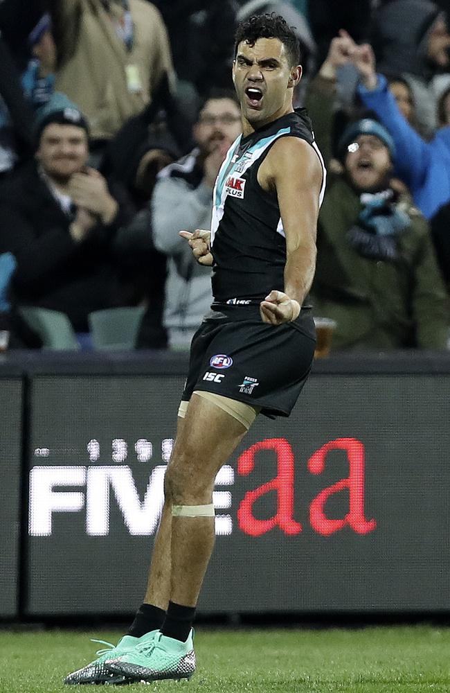 Lindsay Thomas celebrates a goal for the Power in Round 14. Picture: SARAH REED