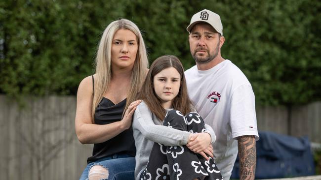 Shaylah with her parents Kirra and Scott Carmichael. Picture: Tony Gough