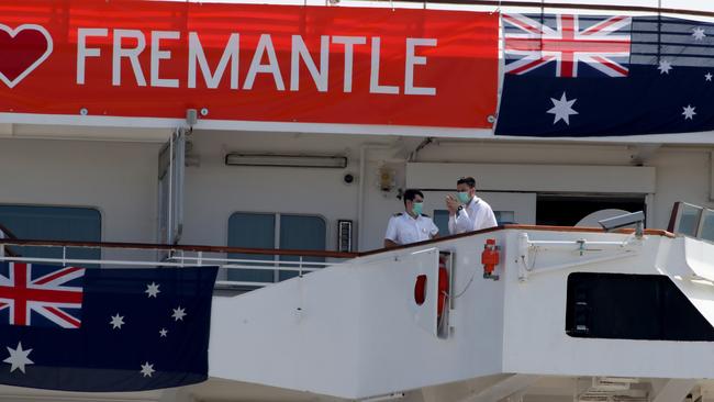 Crew still on board the MV Artania which remains firmly docked at Fremantle. Picture: Colin Murty/The Australian