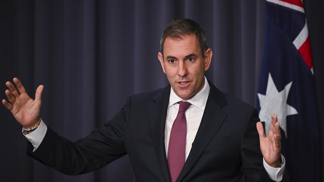 Treasurer Jim Chalmers releases the mid-year Budget update during a press conference at Parliament House in Canberra. Picture: Martin Ollman