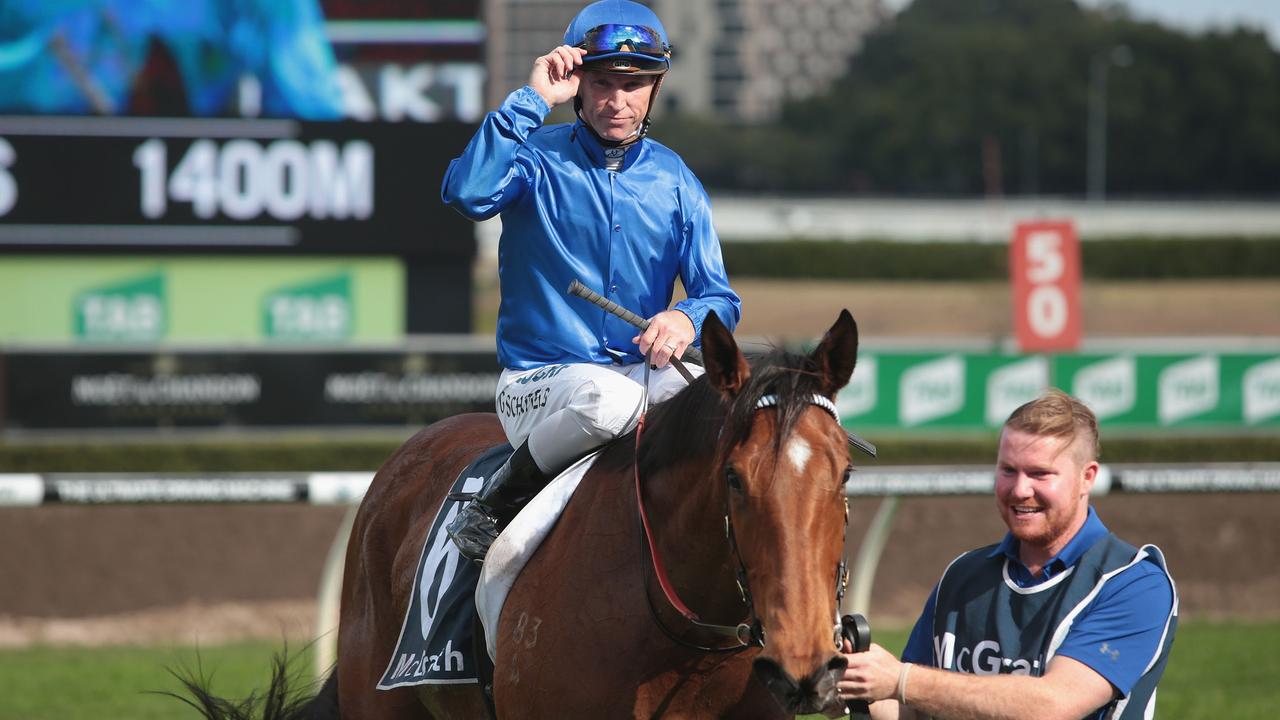 Glyn Schofield returns to scale with Alizee after a win. Picture: Getty Images