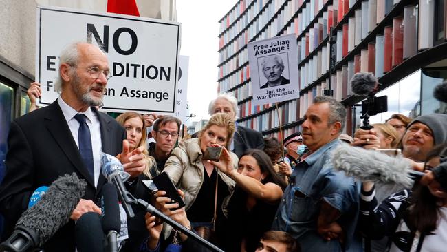 John Shipton, father of Julian Assange, speaks to the media outside the Old Bailey court in central London.